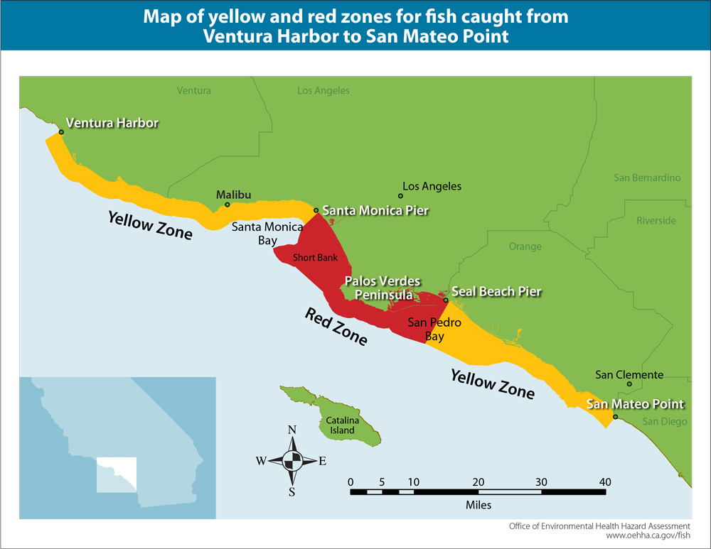 Map of yellow and red zones for fish caught from Ventura Harbor to San Mateo Point